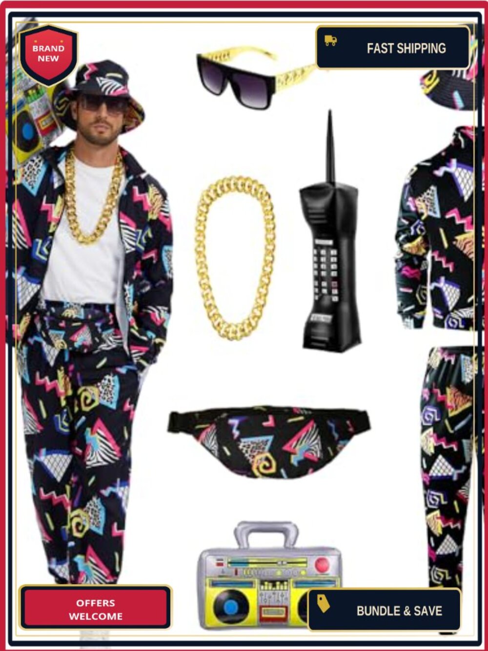 Men's 80s 90s Costume Set Retro Jacket Sweatpants Accessories Adult